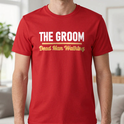 The Groom Dead Man Walking Stag Do T-Shirt & Sweatshirt in Red, worn, our photo