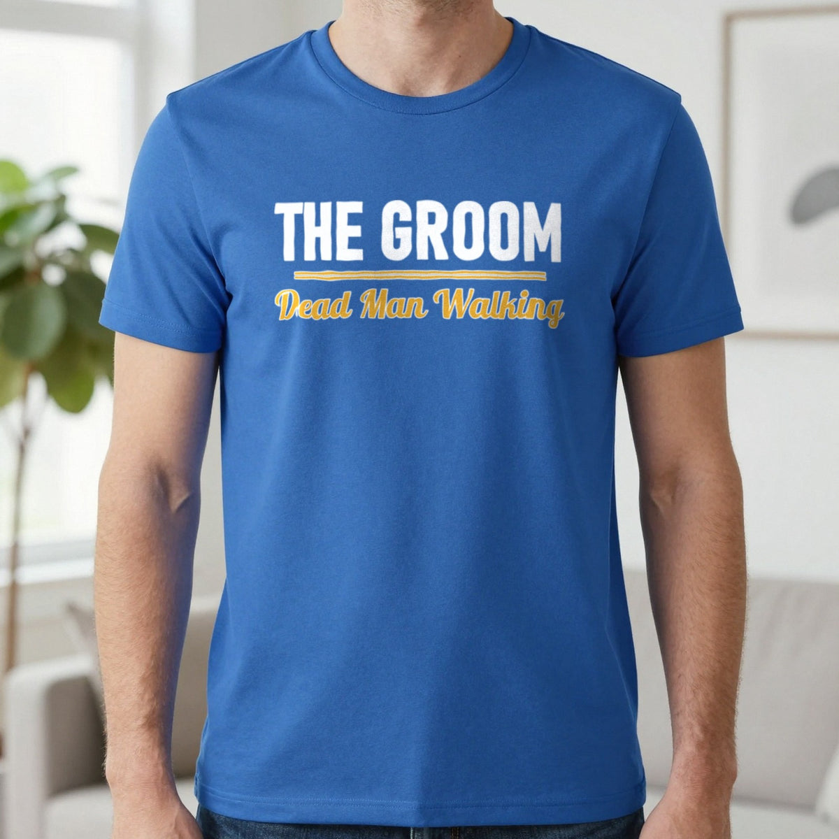 The Groom Dead Man Walking Stag Do T-Shirt & Sweatshirt in Royal, worn, our photo