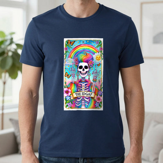 The IDGAF Skeleton Tarot Card Graphic T-Shirt worn, lifestyle photo
