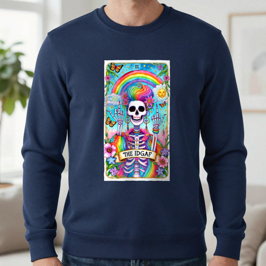 The IDGAF Skeleton Tarot Card Sweatshirt worn, lifestyle photo