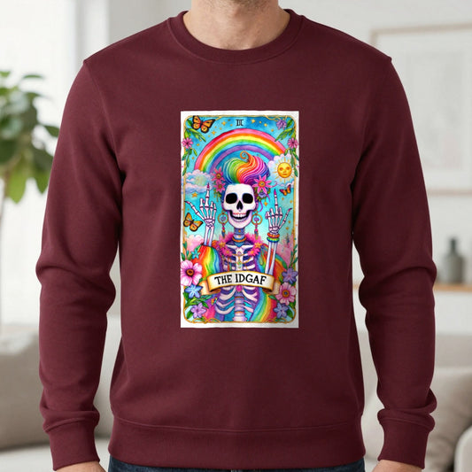The IDGAF Skeleton Tarot Card Sweatshirt in Maroon, worn, our photo