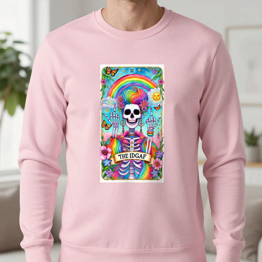The IDGAF Skeleton Tarot Card Sweatshirt in Light Pink, worn, our photo