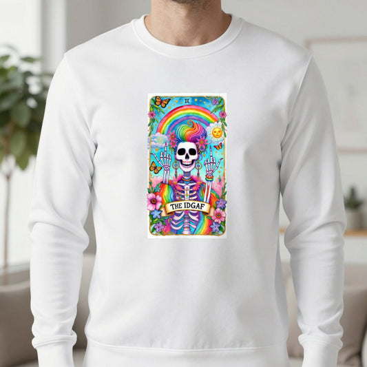 The IDGAF Skeleton Tarot Card Sweatshirt in White, worn, our photo