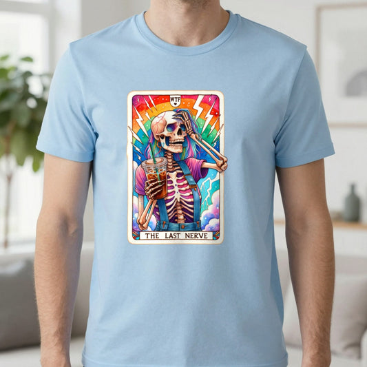 The Last Nerve Skeleton Tarot T-Shirt in Light Blue, worn, our photo
