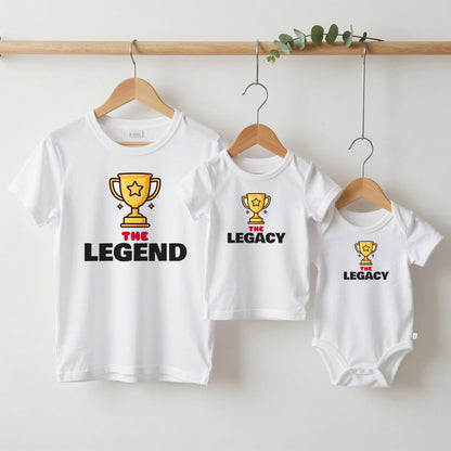 The Legend & The Legacy matching set grown-up tee, kids tee and baby grow on hangers