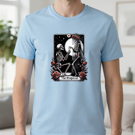 The Proposal Gothic Tarot T-Shirt in Light Blue, worn, our photo