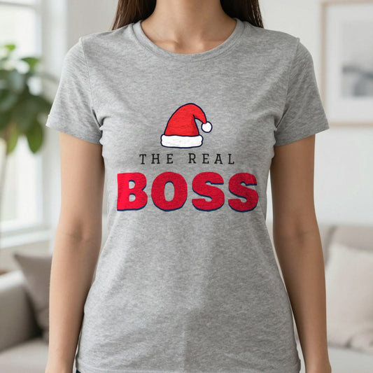 The Real Boss Christmas Jumper & T-Shirt in Sport Grey (T-Shirt), worn, our photo