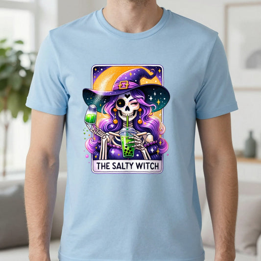 The Salty Witch Tarot Bubble Tea T-Shirt in Light Blue, worn, our photo