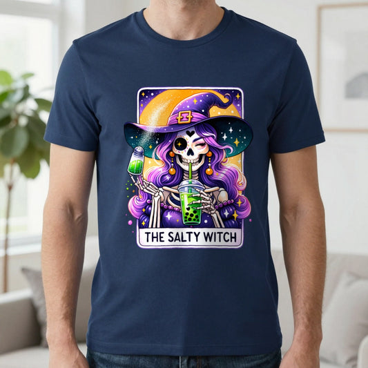 The Salty Witch Tarot Bubble Tea T-Shirt in Navy, worn, our photo