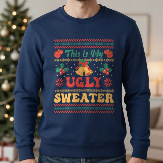 This Is My Ugly Sweater Christmas T-Shirt in Navy, worn, our photo