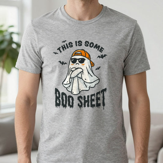 This Is Some Boo Sheet Funny Ghost Halloween T-Shirt worn, lifestyle photo