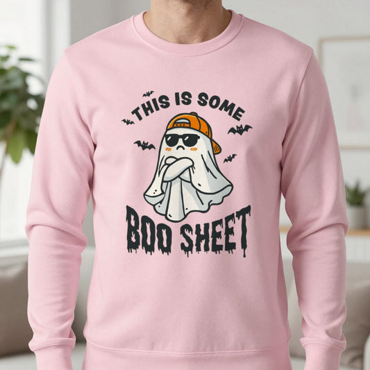 This Is Some Boo Sheet Funny Halloween Sweatshirt in Light Pink, worn, our photo