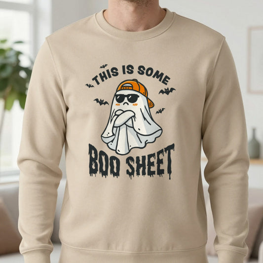 This Is Some Boo Sheet Funny Halloween Sweatshirt in Sand, worn, our photo