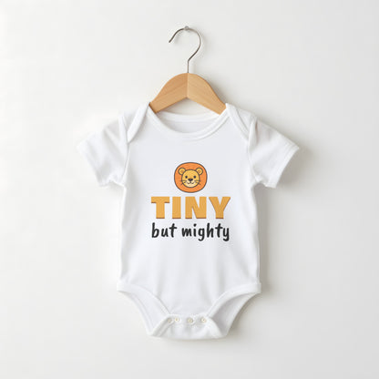 Tiny But Mighty white baby grow on a hanger