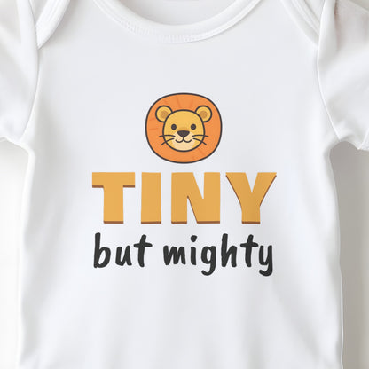 Tiny But Mighty baby grow print close-up