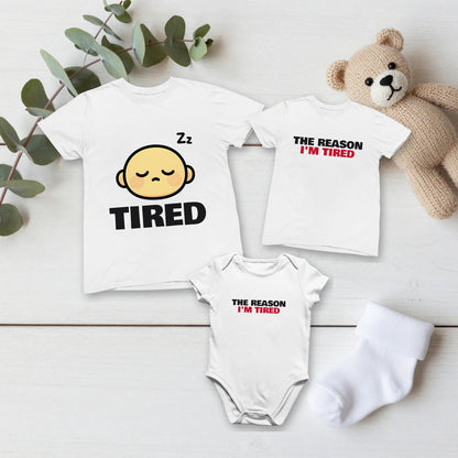 Tired & The Reason I'm Tired matching set flat lay with kids tee