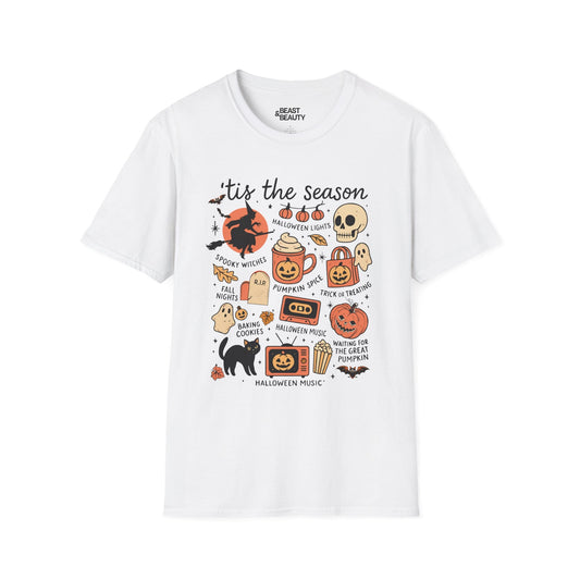 light blue t-shirt with tis the season halloween collage design featuring pumpkins witches and ghosts