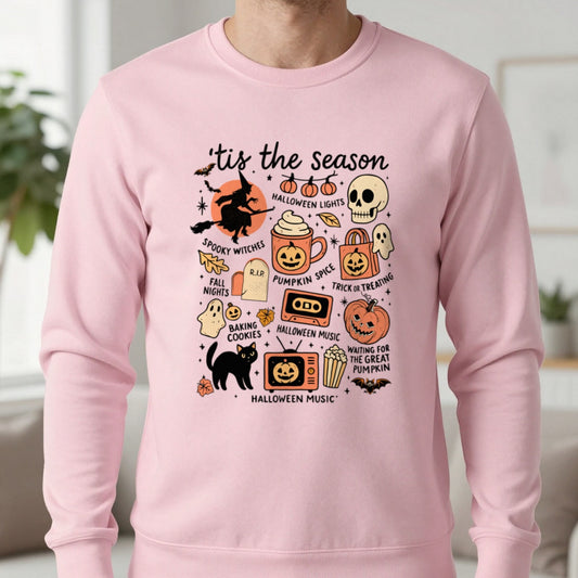 ’Tis The Season Halloween Sweatshirt in Light Pink, worn, our photo