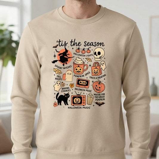 ’Tis The Season Halloween Sweatshirt in Sand, worn, our photo