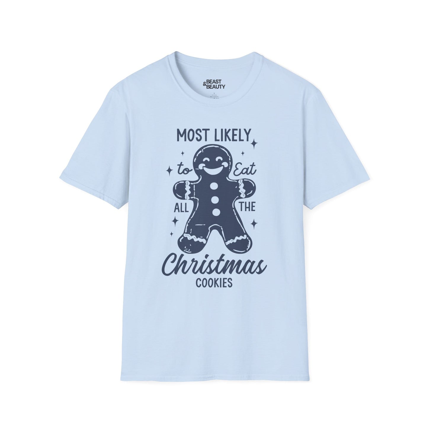 title most likely to eat all the christmas cookies t-shirt light blue t-shirt Christmas gift idea