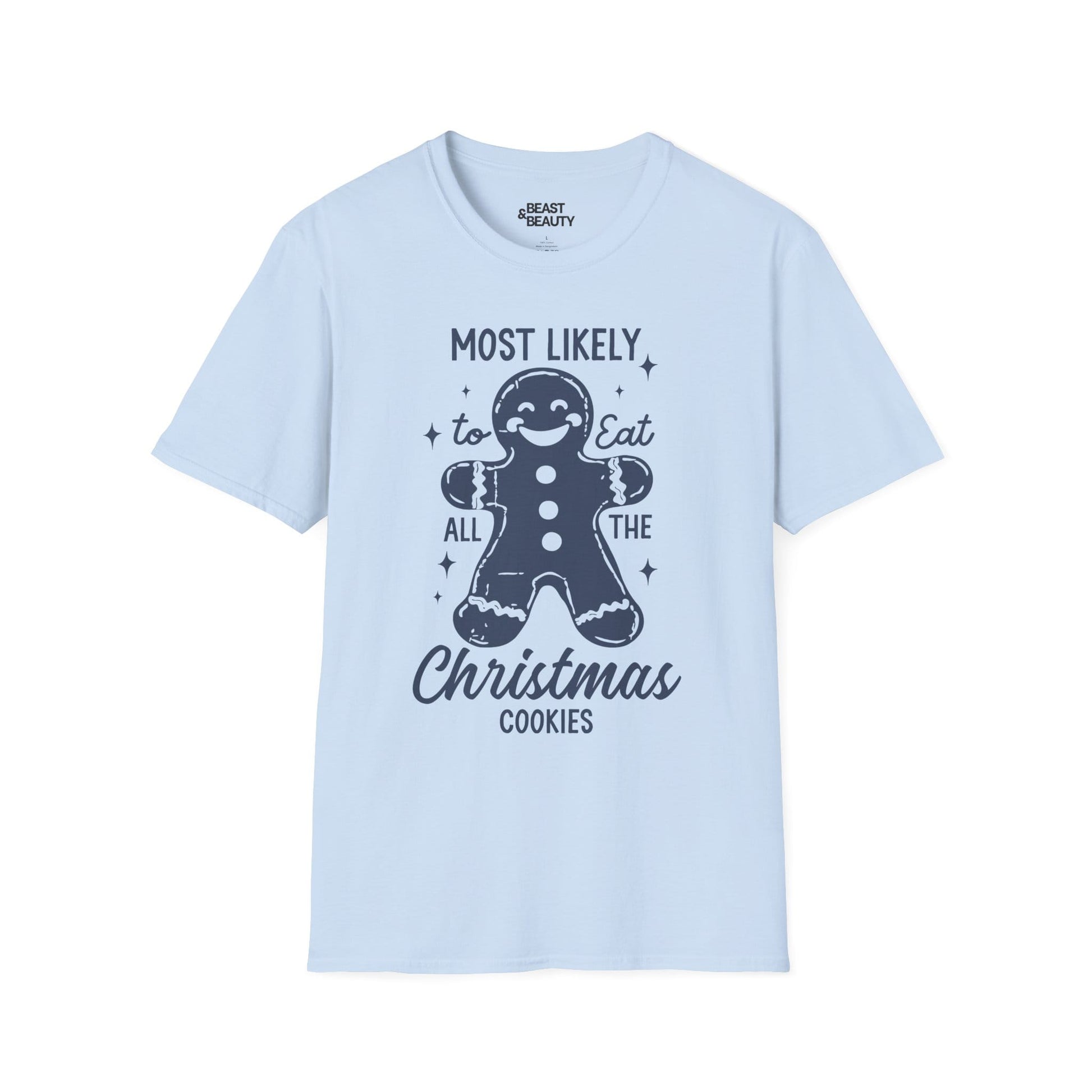 title most likely to eat all the christmas cookies t-shirt light blue t-shirt Christmas gift idea