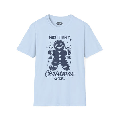 title most likely to eat all the christmas cookies t-shirt light blue t-shirt Christmas gift idea