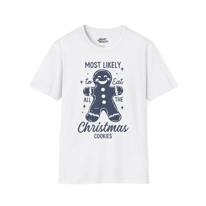 title most likely to eat all the christmas cookies t-shirt white t-shirt Christmas gift idea