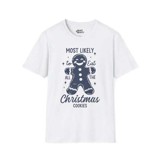 title most likely to eat all the christmas cookies t-shirt white t-shirt Christmas gift idea