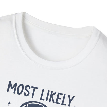 light blue t-shirt worn showing most likely to eat all the christmas cookies festive print