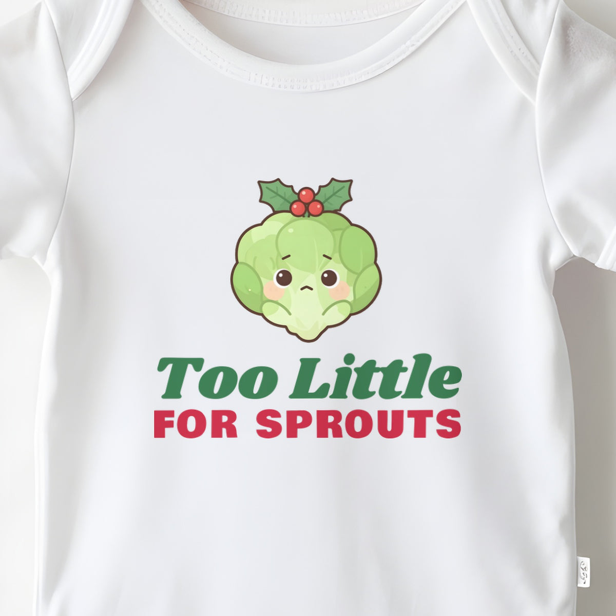 Too Little For Sprouts baby grow print close-up