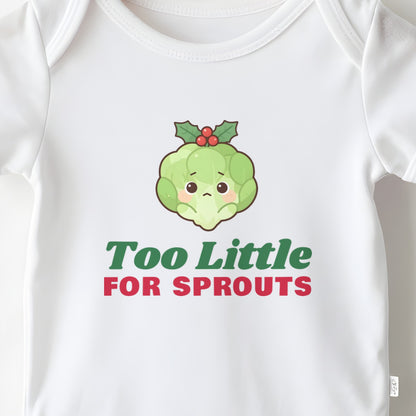 Too Little For Sprouts baby grow print close-up