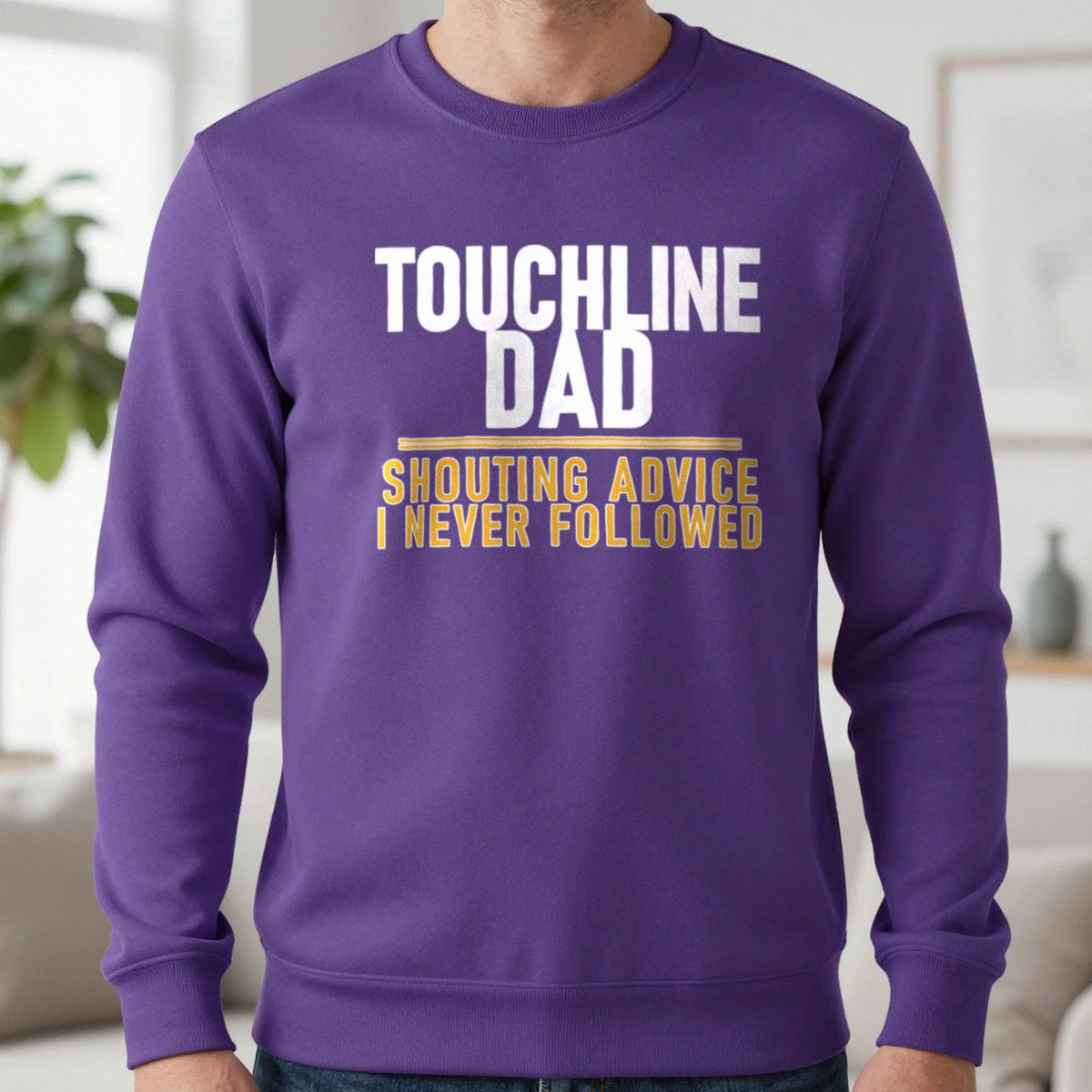 Touchline Dad Shouting Advice I Never Followed Funny Football T-Shirt & Sweatshirt in Purple, worn, our photo