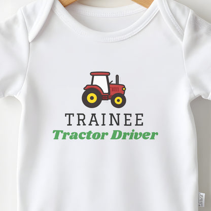 Trainee Tractor Driver baby grow print close-up