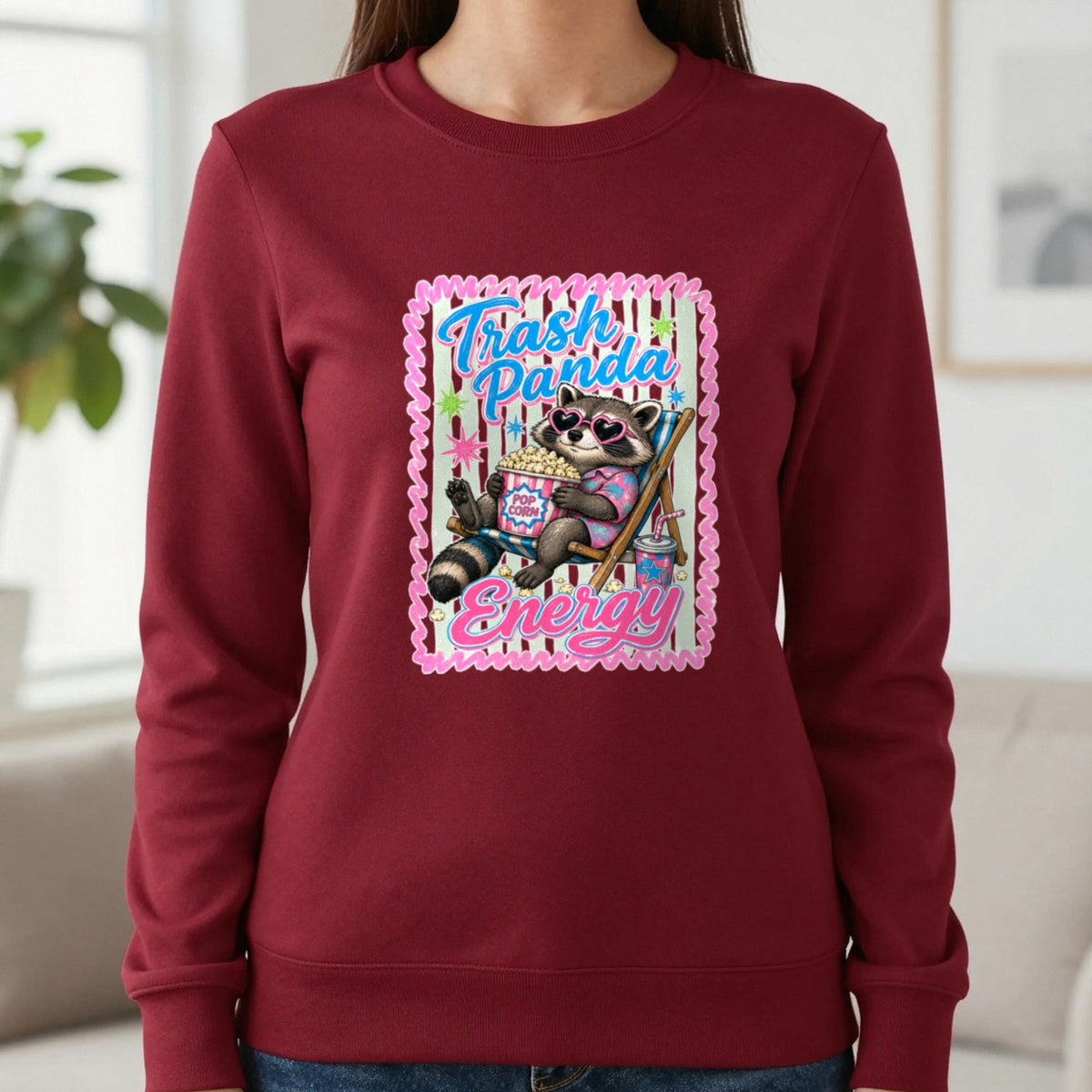 Trash Panda Energy T-Shirt & Sweatshirt in Cherry Red, worn, our photo