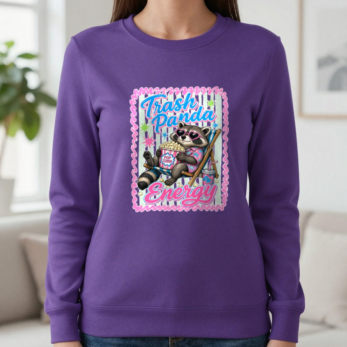 Trash Panda Energy T-Shirt & Sweatshirt in Purple, worn, our photo