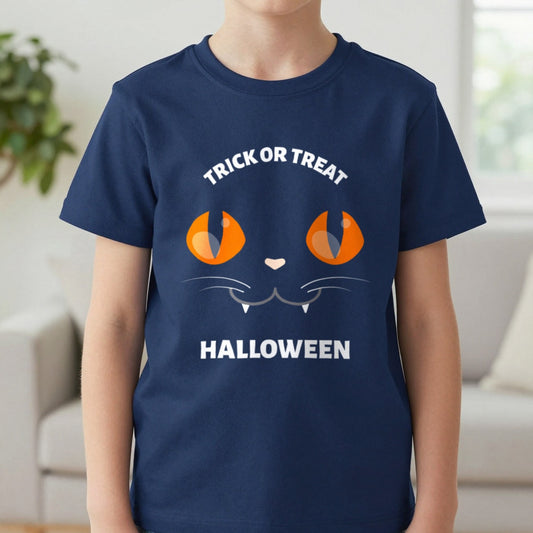 Trick Or Treat Cat Eyes Halloween Kids T-Shirt in Navy, worn, our photo