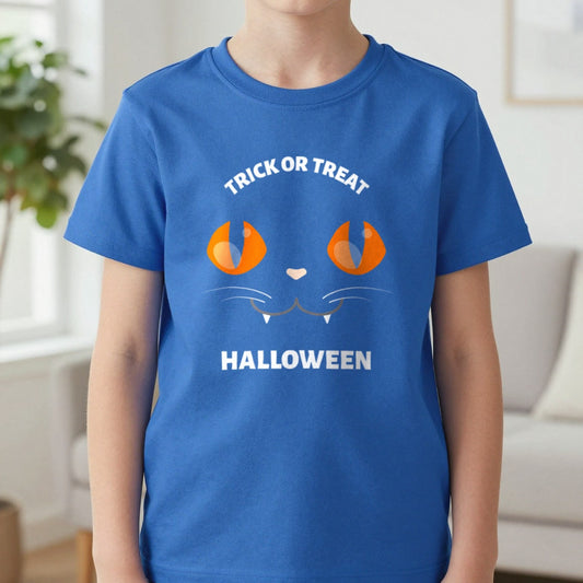 Trick Or Treat Cat Eyes Halloween Kids T-Shirt in Royal, worn, our photo