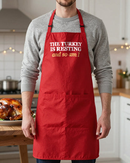 The Turkey Is Resting And So Am I Christmas apron in Red, worn, our photo