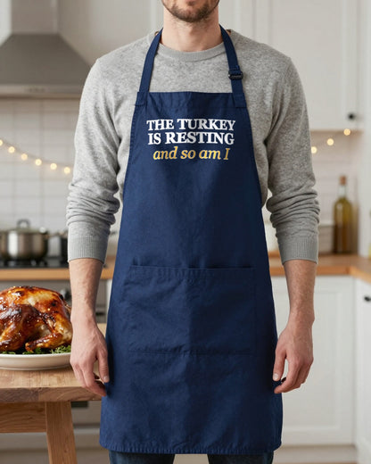 The Turkey Is Resting And So Am I Christmas apron in Navy, worn, our photo