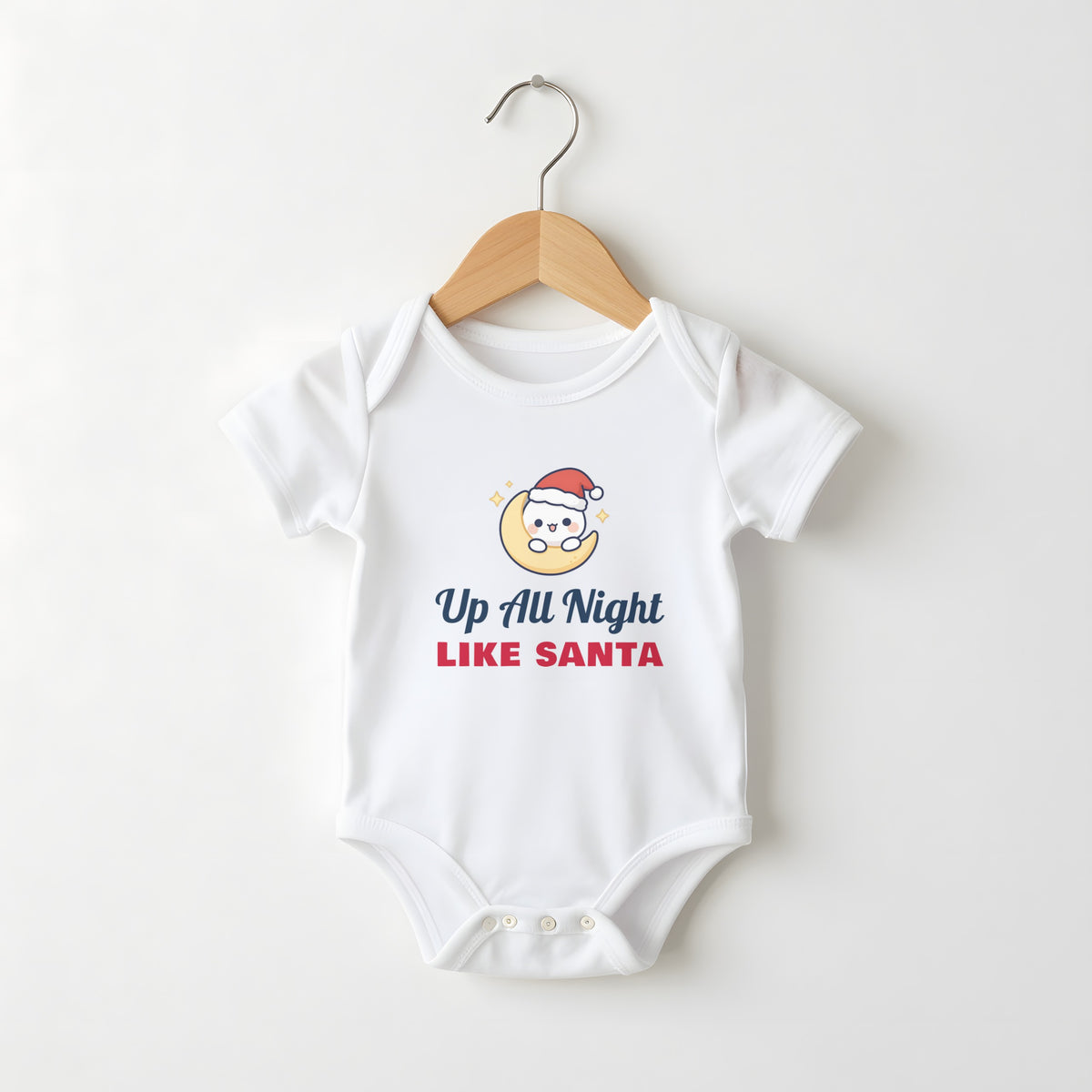 Up All Night Like Santa white baby grow on a hanger