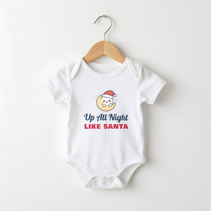 Up All Night Like Santa white baby grow on a hanger