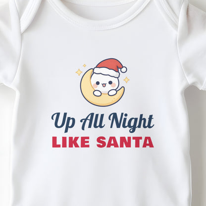 Up All Night Like Santa baby grow print close-up