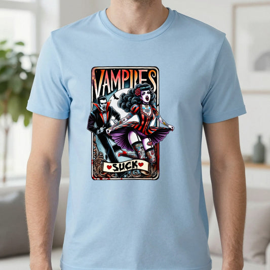 Vampires Suck Gothic Tarot T-Shirt in Light Blue, worn, our photo