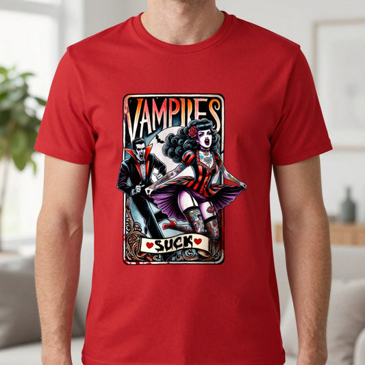 Vampires Suck Gothic Tarot T-Shirt in Red, worn, our photo