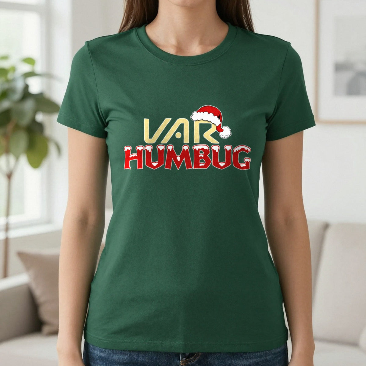 VAR Humbug Christmas T-Shirt & Sweatshirt in Forest Green, worn, our photo