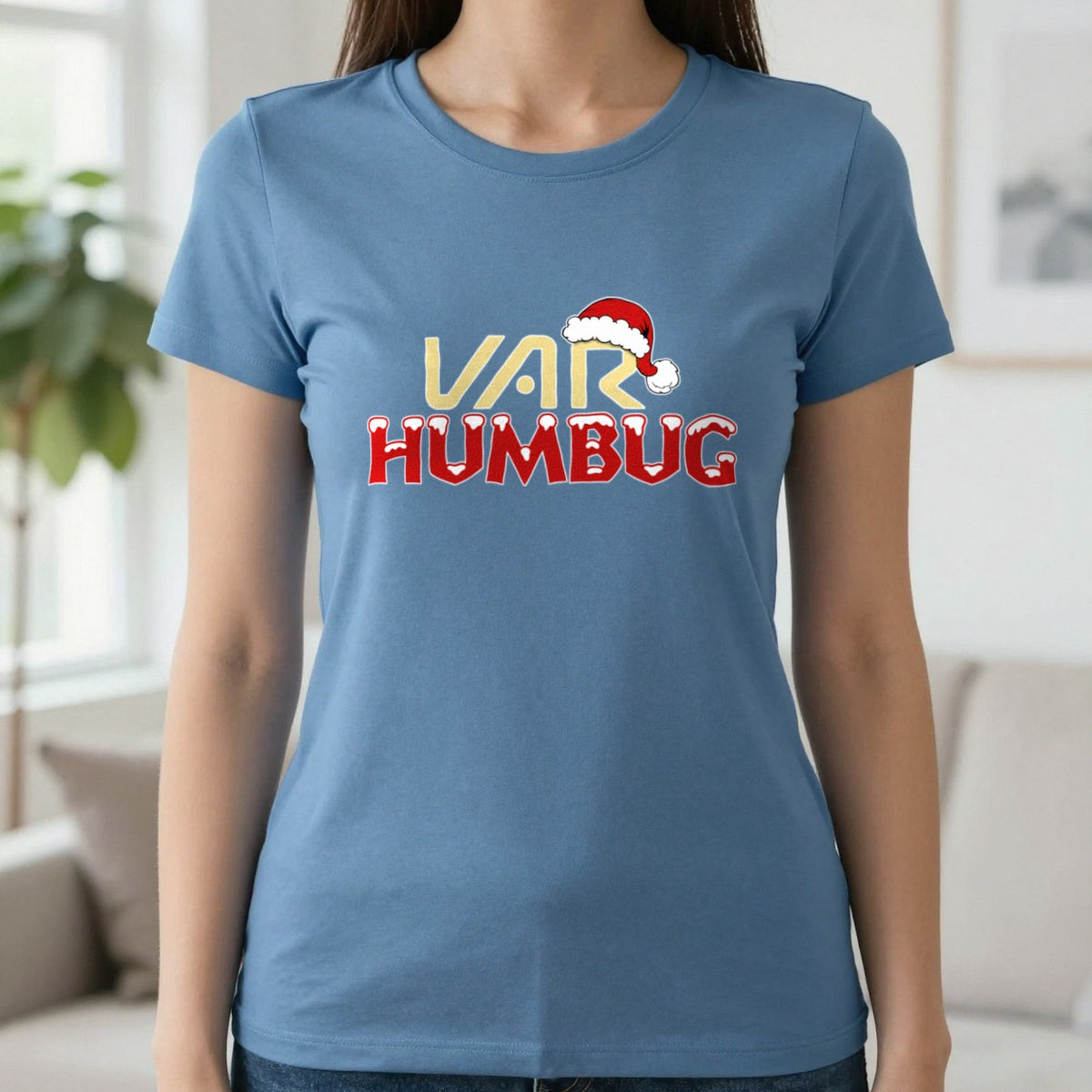 VAR Humbug Christmas T-Shirt & Sweatshirt in Indigo Blue, worn, our photo