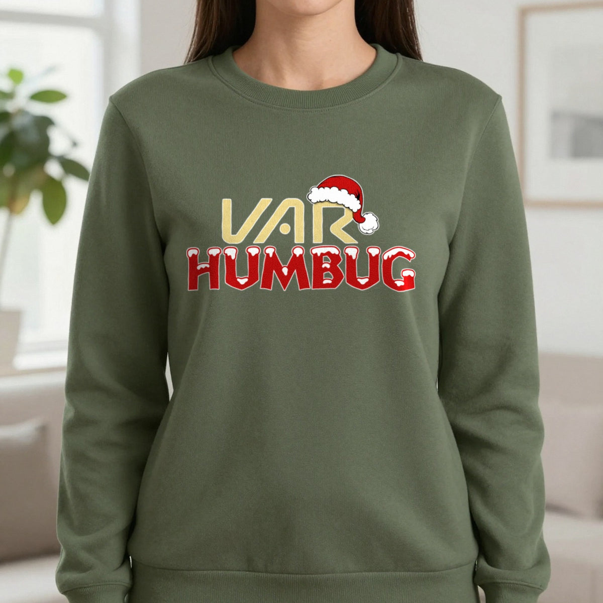 VAR Humbug Christmas T-Shirt & Sweatshirt in Military Green, worn, our photo