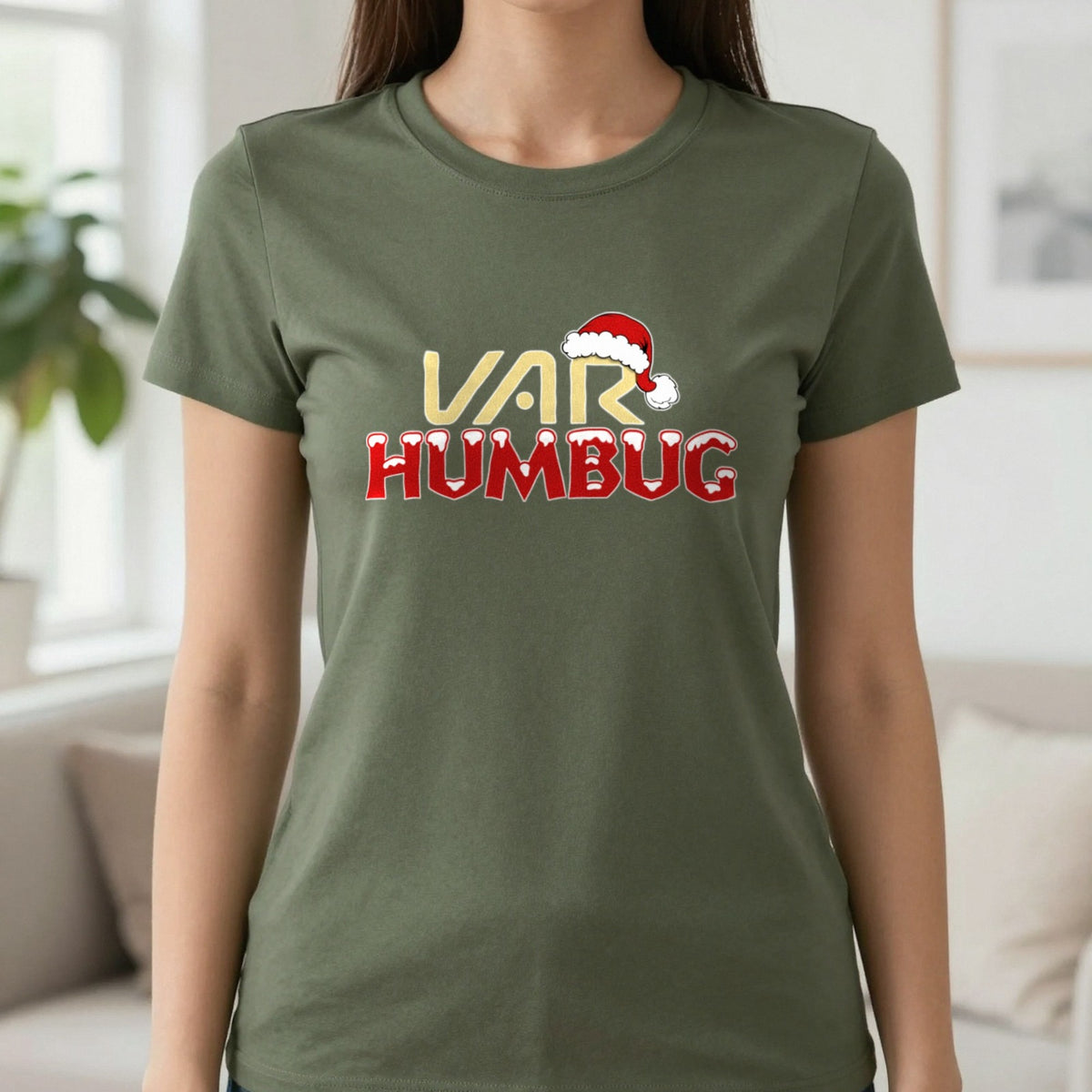 VAR Humbug Christmas T-Shirt & Sweatshirt in Military Green, worn, our photo