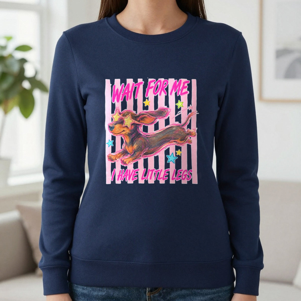 Wait For Me I Have Little Legs T-Shirt & Sweatshirt in Navy, worn, our photo