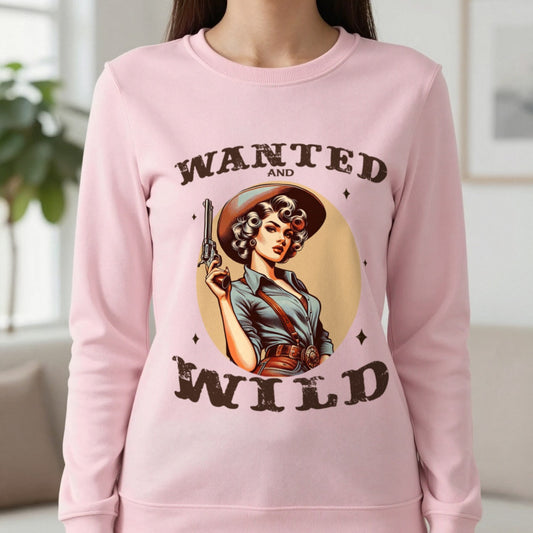 Wanted and Wild Cowgirl Sweatshirt in Light Pink, worn, our photo